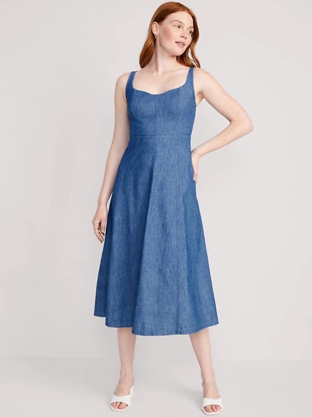 Old Navy NWOT Fit & Flare Sleeveless Blue Denim Midi Dress with Sweetheart Neck